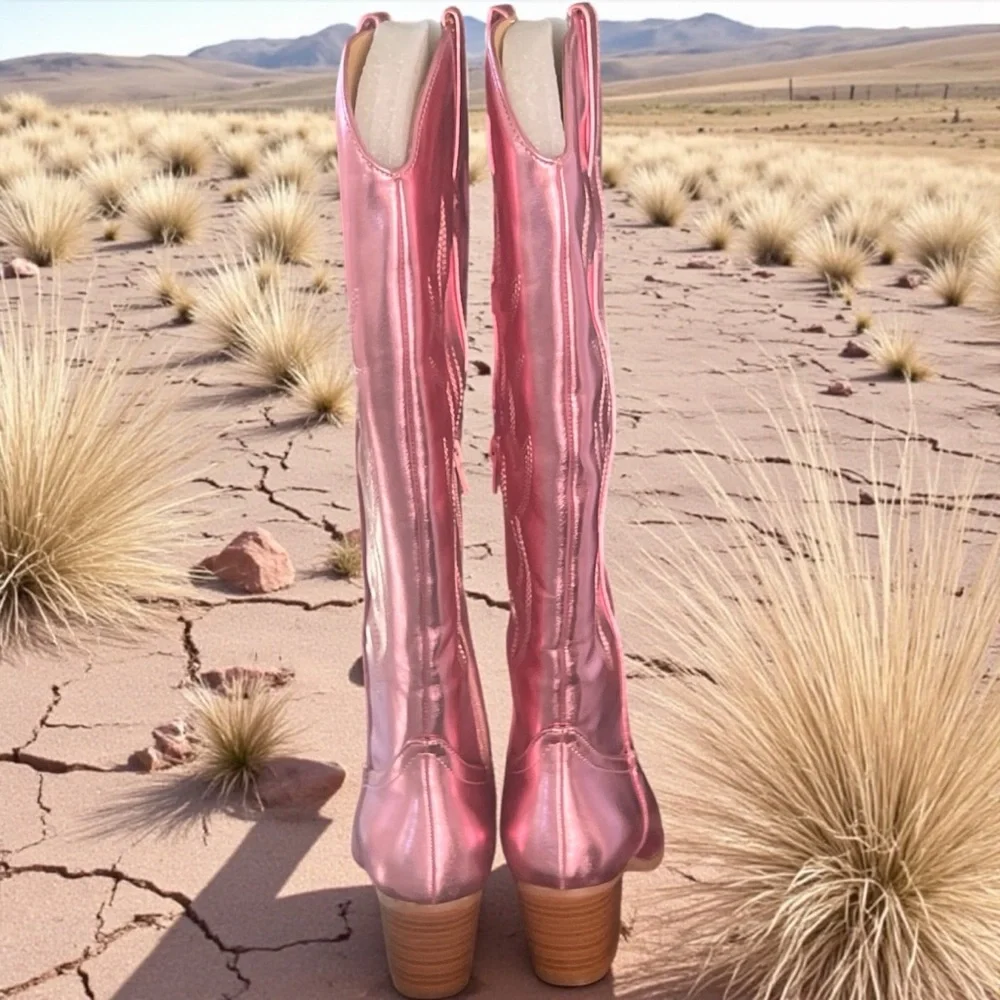 Dream Pairs Pink Metallic Cowboy Boots - Picture 4 of 5